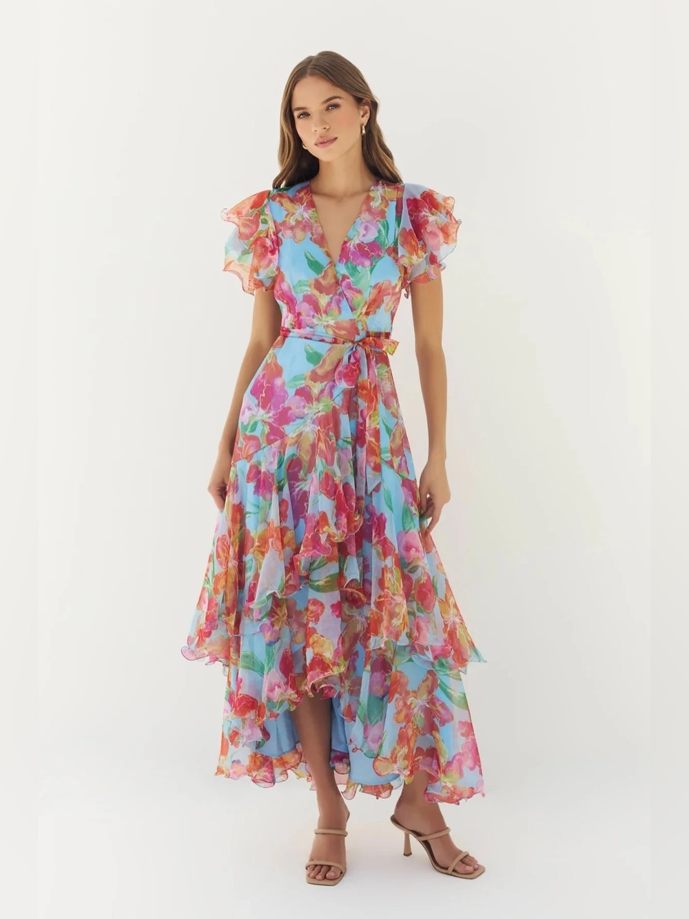 Hutch Samara Blue Multi Floral Ruffle Wrap High-Low Dress